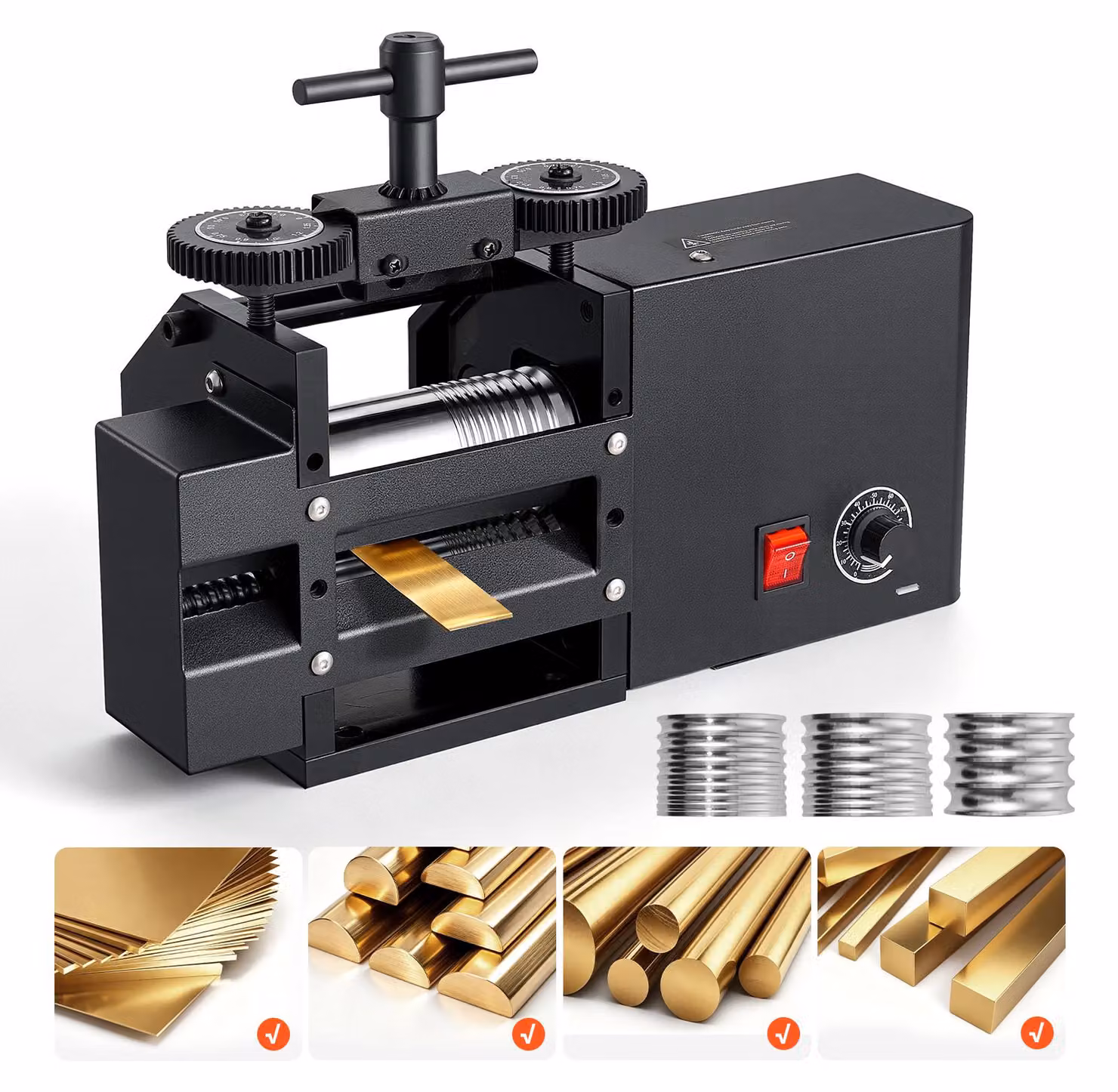 Macchina elettrica VEVOR per la laminazione di metalli, diametro 60 mm, 4-in-1 (rotonda, piatta, quadrata, semirotonda), ideale per la creazione di gioielli fai-da-te. Spessore regolabile da 0,03 a 7 mm, adatta per la laminazione di metalli duttili come o