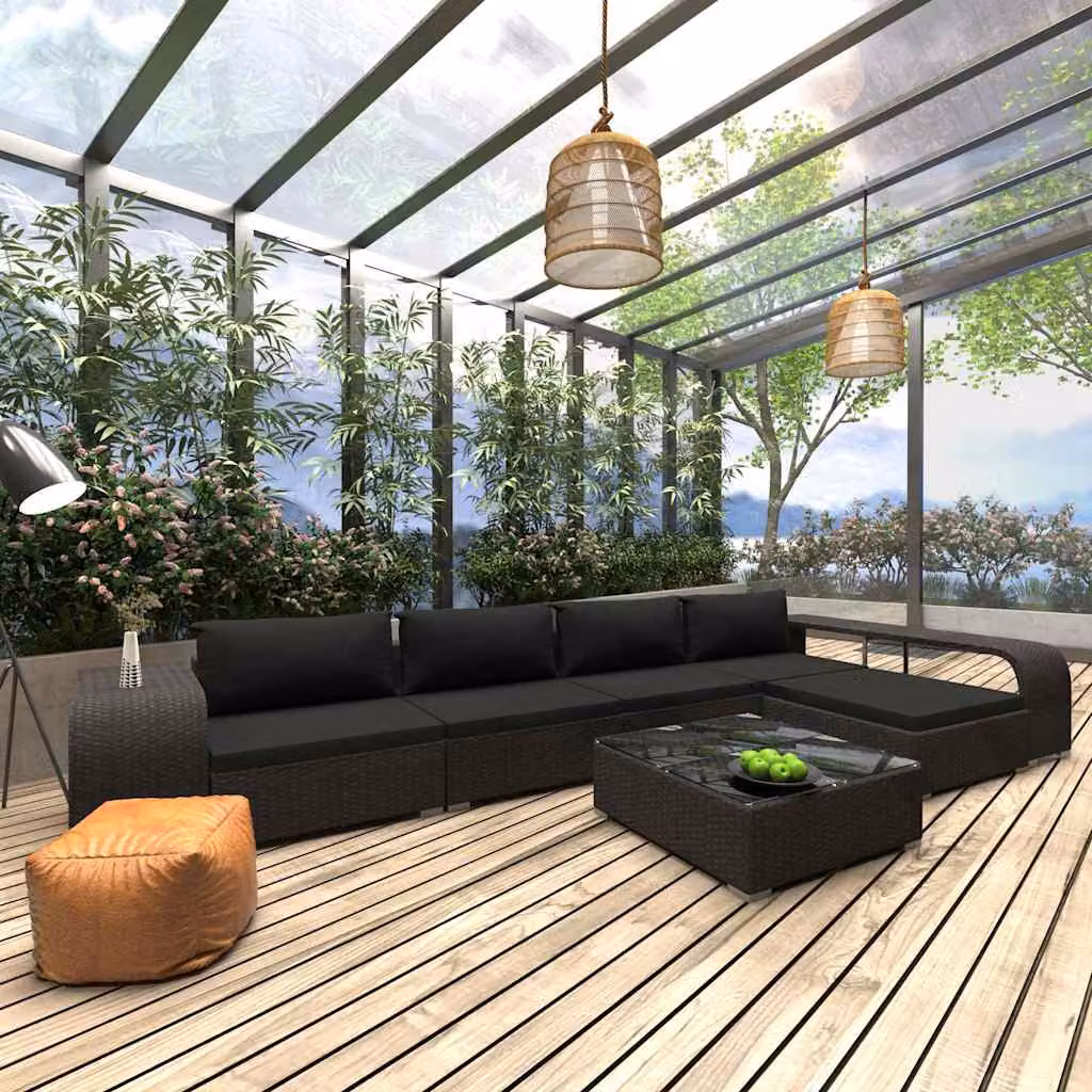 Set Divani da Giardino vidaXL 8 Pezzi in Polyrattan Nero con Cuscini e Tavolino da Esterno