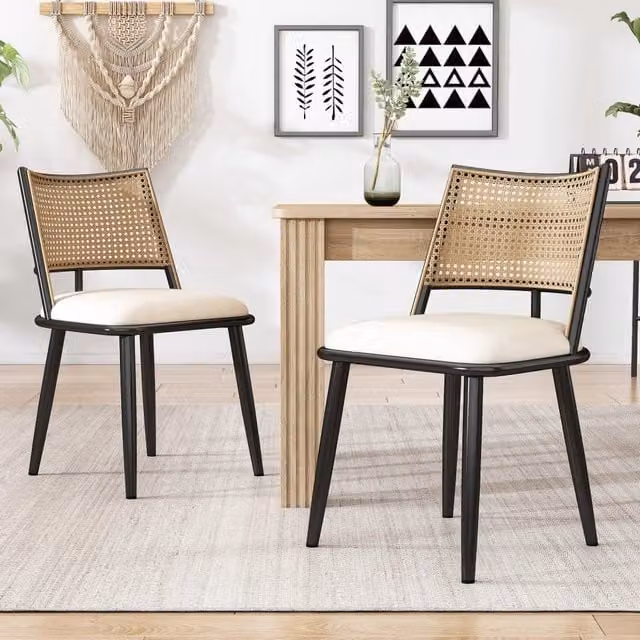 Set di 4 sedie REDOM con seduta in ecopelle e schienale in rattan nero e struttura in metallo