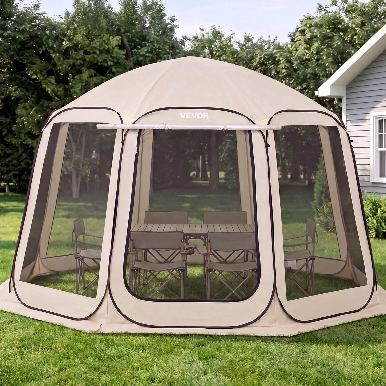 Tenda da campeggio VEVOR, 365,76x335,28x230 cm, tenda pop-up con tenda estensibile, tenda per feste per 10-12 persone, inclusa borsa per il trasporto e pareti laterali in rete, per patio e attività all'aperto, beige