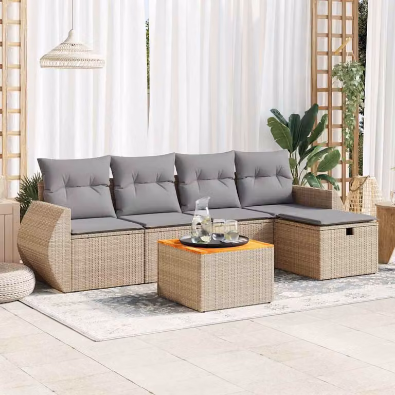 Set Divano da Giardino vidaXL 6 pz a L in Polyrattan con Cuscini Beige e Tavolino