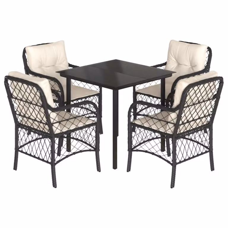 Set da Pranzo da Giardino 5 pz Nero con Cuscini in Polyrattan