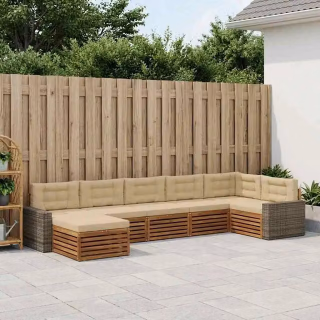 Set di divani da esterno a L con ottoman vidaXL in legno di acacia, colore beige e sabbia, 7 pezzi