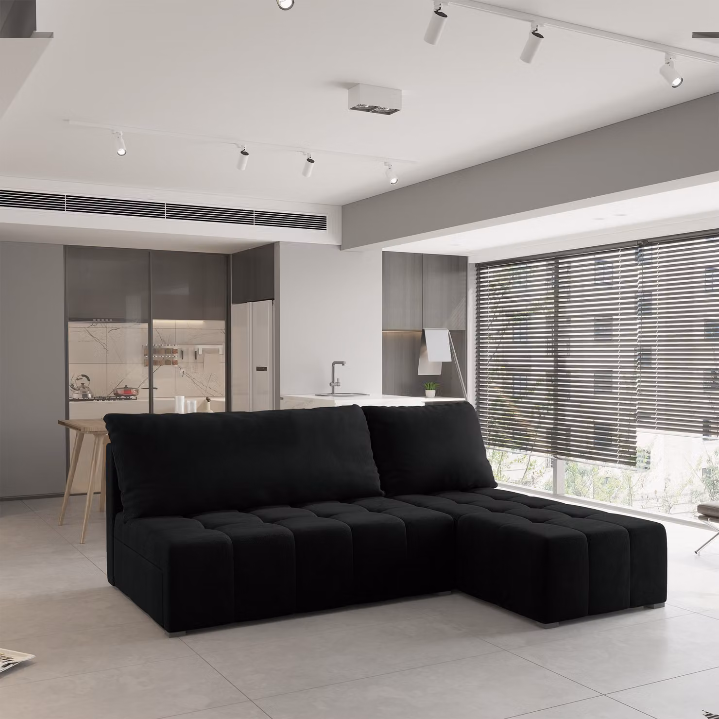 Divano angolare DOMIRA di Masseno con funzione letto a L, divano con box letto, divano da soggiorno, divano, divano letto, set di divani - nero, KRONOS 07
