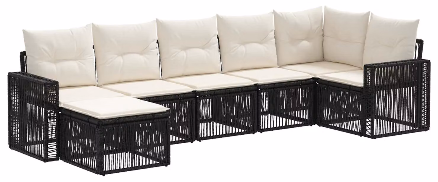 Set da giardino composto da 7 pezzi, in rattan sintetico nero e crema