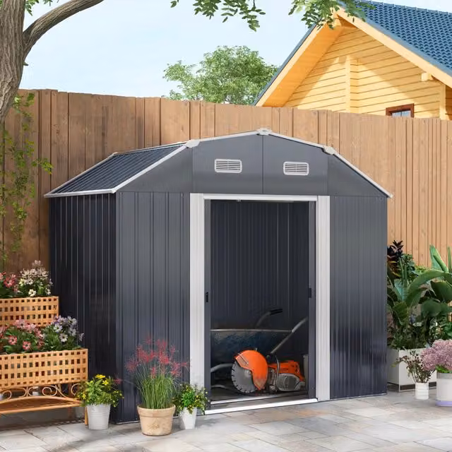 Casetta da giardino WISHDOR in acciaio zincato grigio scuro con 2,7 m2, finestre, ripiani regolabili e kit fondamenta – 1