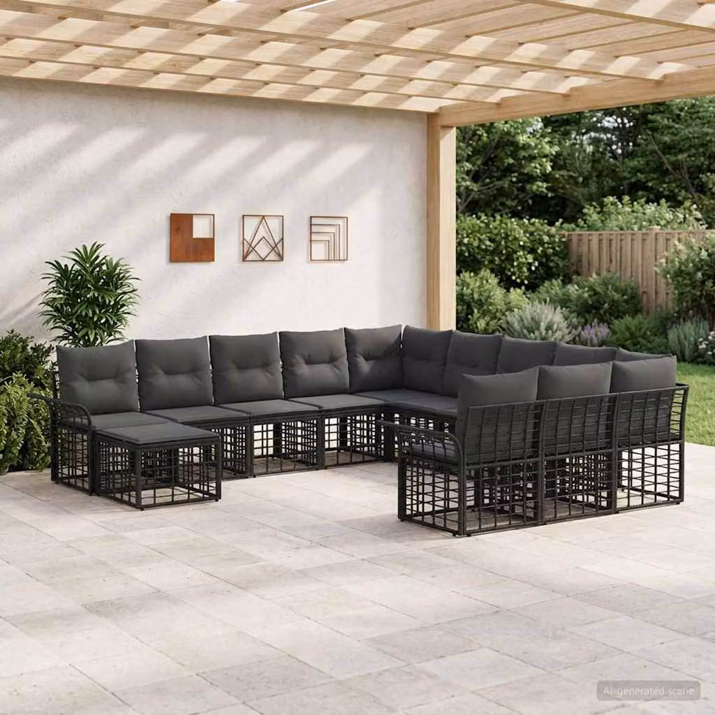 Set Divano da Giardino vidaXL 12 Pezzi a Forma di U in Polyrattan con Cuscini, Nero e Grigio