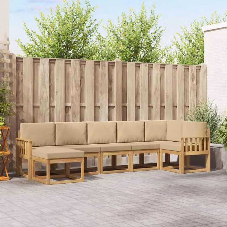 vidaXL Set di divani da esterno a L composto da 7 pezzi in legno di acacia con cuscini bianchi e beige