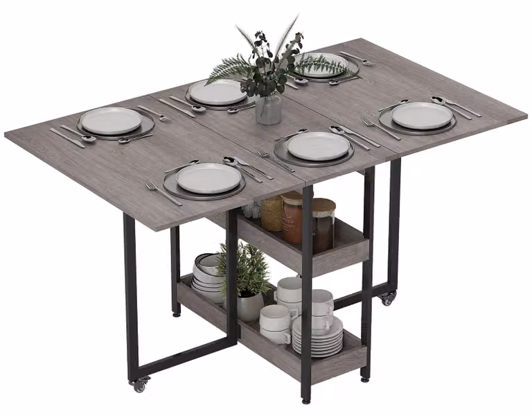 HOMCOM Tavolo da pranzo pieghevole da cucina per 4 persone con 2 ripiani aperti e rotelle