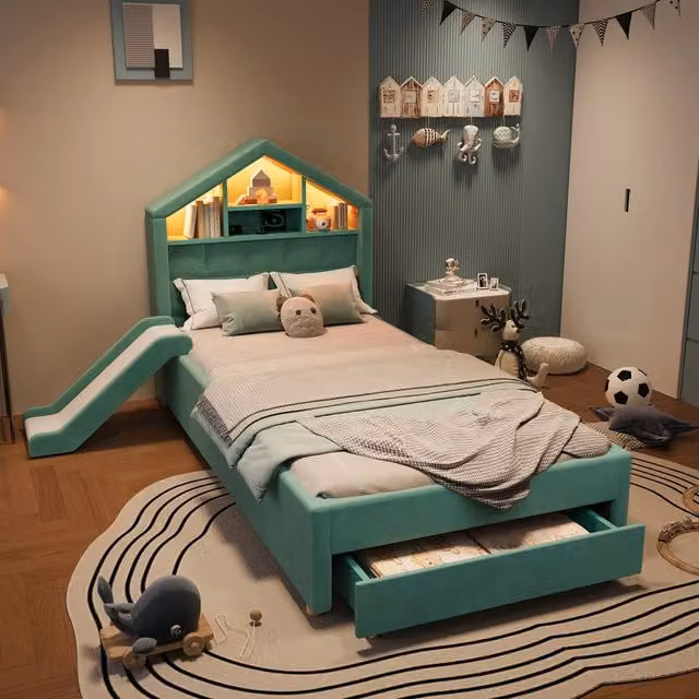 Letto a casetta 90 × 200 cm imbottito con scivolo reversibile LED ricarica vano estraibile in velluto blu verde