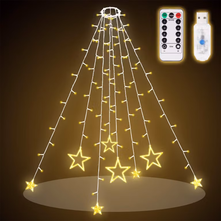 SALCAR, decorazione luminosa per albero di Natale, 1,5 metri, con anello e stelle, catena luminosa per albero di Natale con telecomando e 9 modalità, catena luminosa a cascata per abete, luci LED bianco caldo