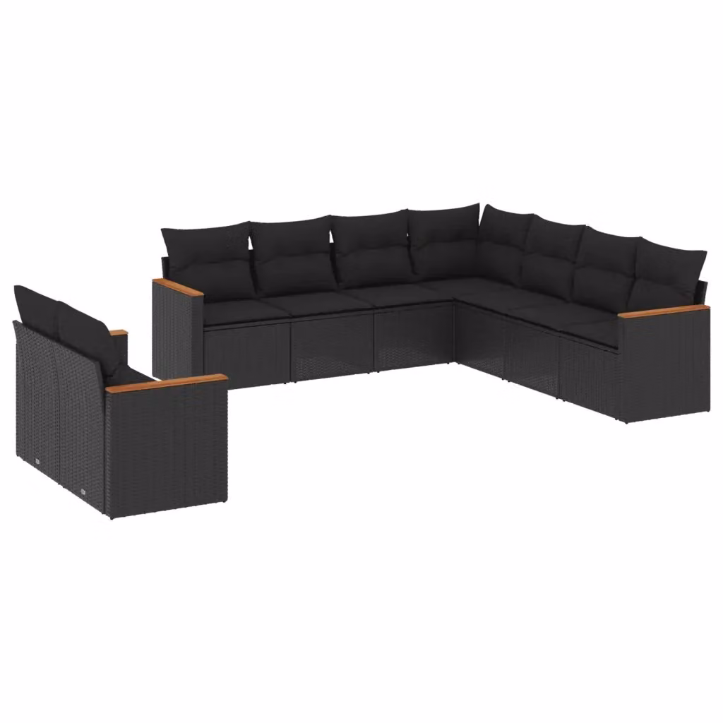 Set di divani da giardino vidaXL a forma di L composto da 9 pezzi con cuscini neri in polyrattan e telaio in legno di acacia – 2