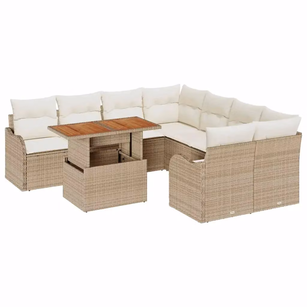 Set Divano da Giardino vidaXL 9 Pezzi in Polyrattan Beige con Cuscini e Tavolino – 2