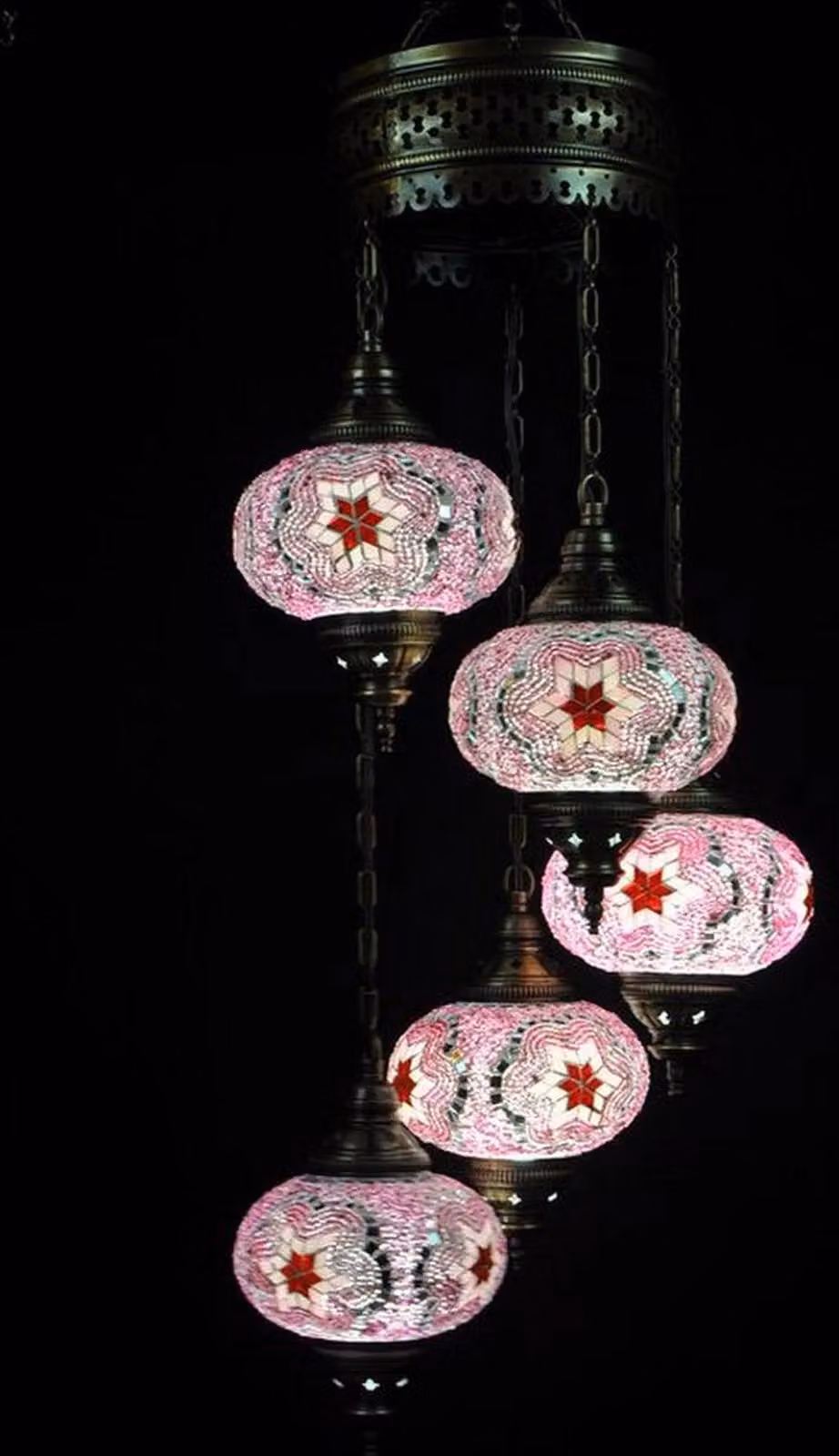 Lampada a sospensione turca con mosaico - Lampada marocchina fatta a mano - 5 sfere di vetro colorate - Altezza 110 cm