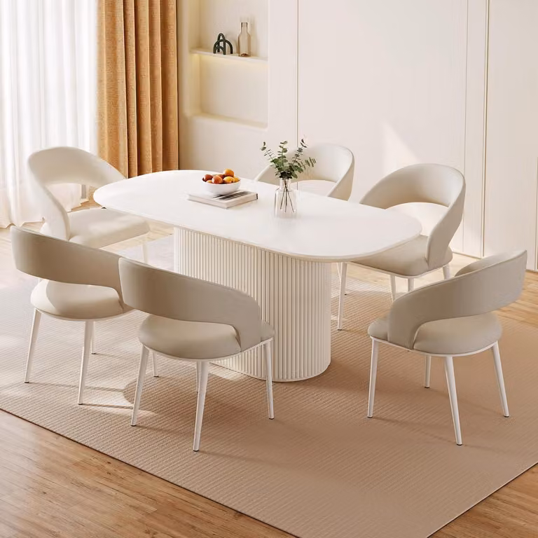 Tavolo da pranzo con 6 sedie, colore bianco, diametro 160 cm, forma rotonda, angoli smussati, facile da pulire, design ergonomico
