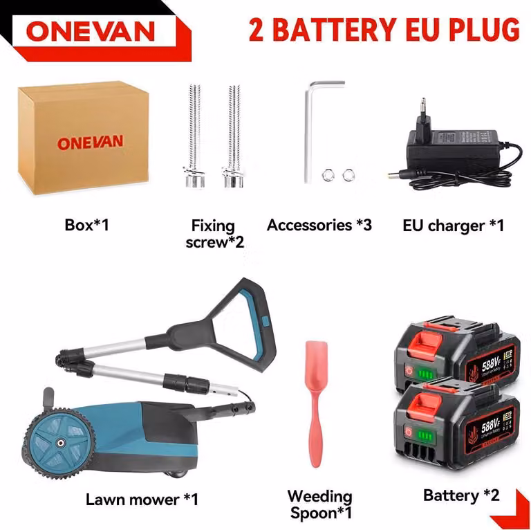 Tosaerba elettrico - Decespugliatore a batteria - Motore brushless da 48.000 giri/min - Set con 2 batterie - Ricaricabile - Blu