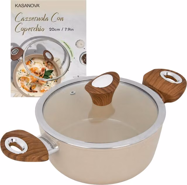 Casseruola Kasanova New Ceramic con coperchio in vetro, colore beige, diametro 20 cm