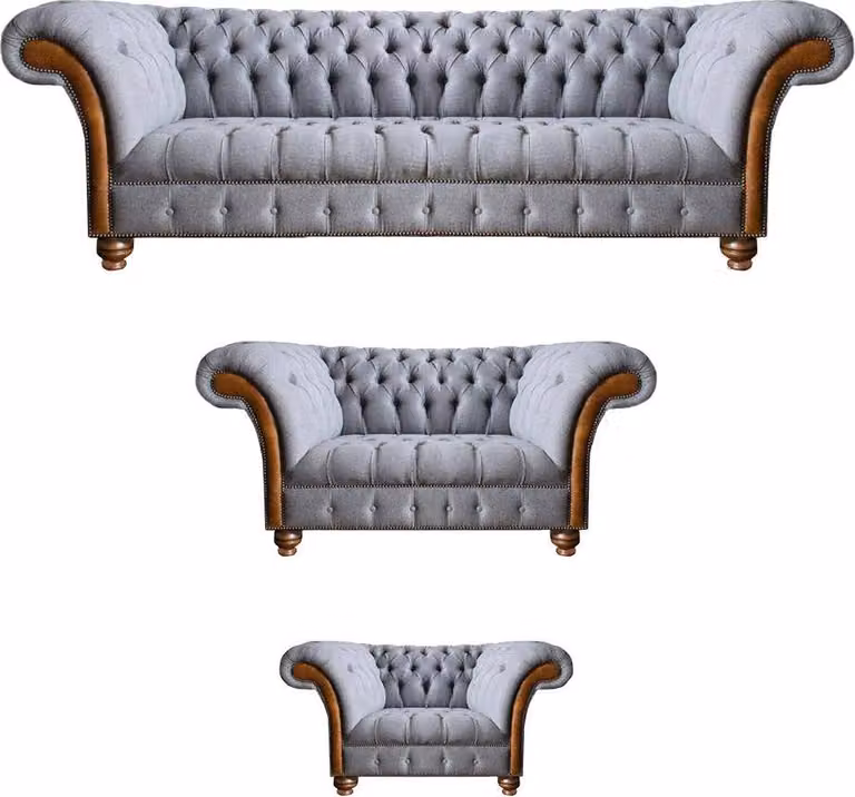 Chesterfield Hellgraue Polster Sofagarnitur Textil Designer 3tlg Set