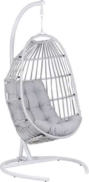 Poltrona Sospesa Egg Beliani in Rattan Grigio con Piedistallo in Metallo e Cuscini UV-Resistenti Stile Boho Moderno L/P/H: 105 x 105 x 198 cm