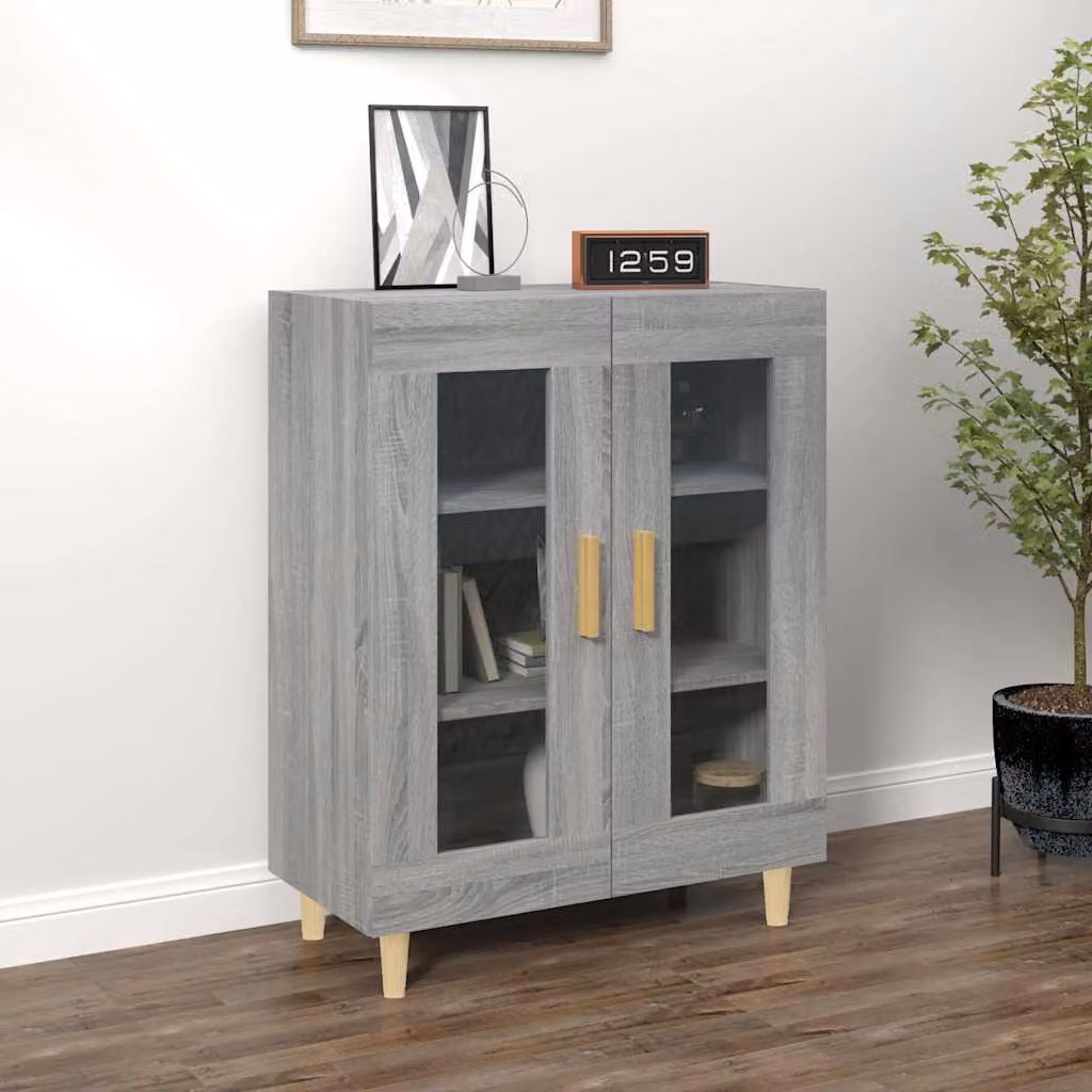 Credenza vidaXL in Legno Multistrato e MDF Grigio con Vetro, Stile Minimalista, L: 69,5 cm, P: 34 cm, H: 90 cm