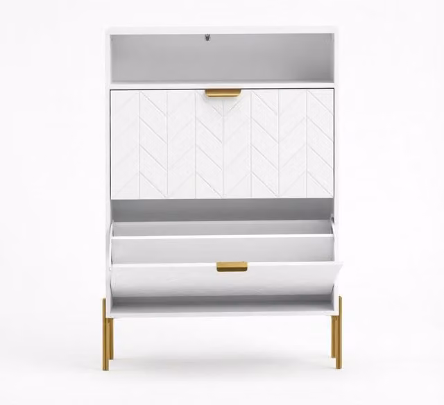 Armadio portascarpe bianco per 16 paia con 2 ante a ribalta e vano aperto, 80x23,7x110 cm