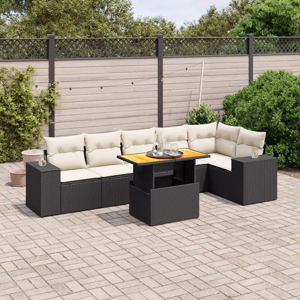 Set di divani da giardino a forma di L vidaXL in polyrattan nero con 7 pezzi e cuscini inclusi – 1