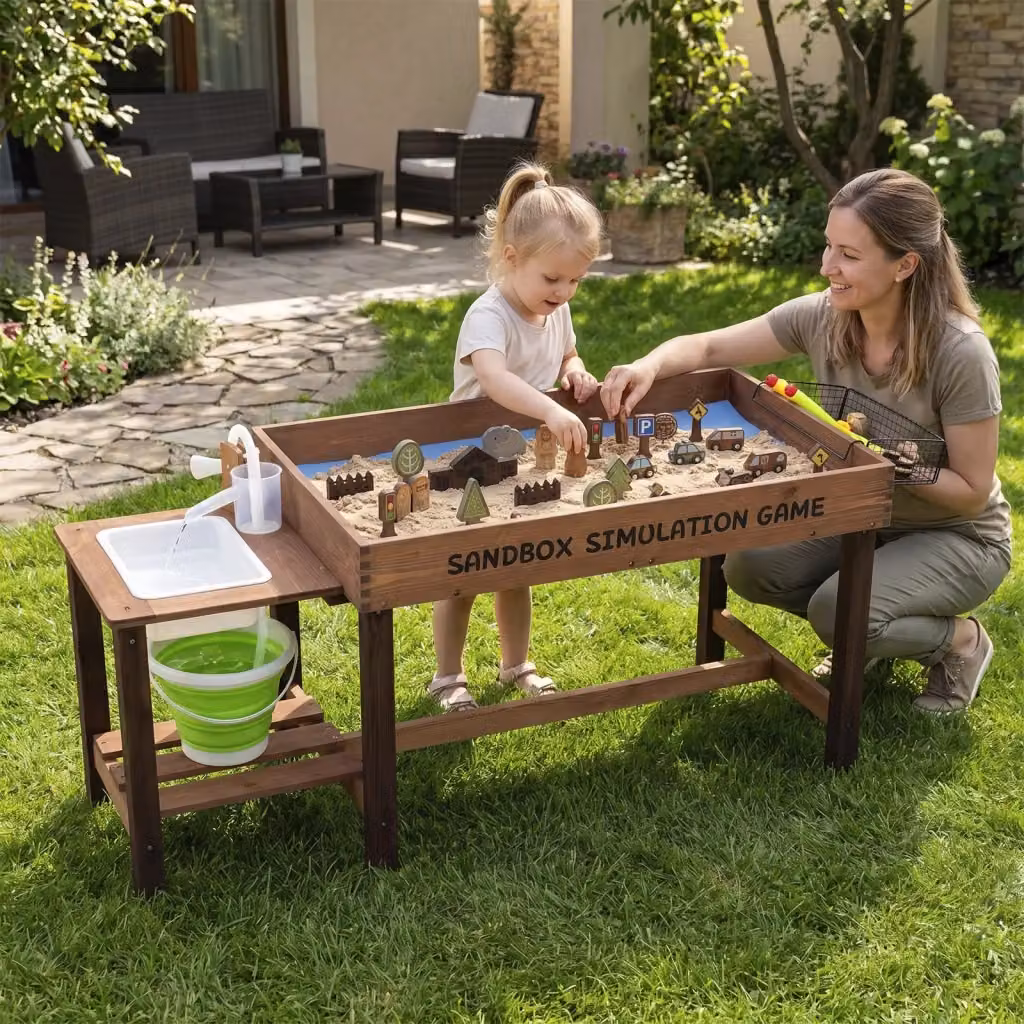 Sabbiera e tavolo acqua per bambini in legno marrone con pompa e lavello smontabile per esterni – 2