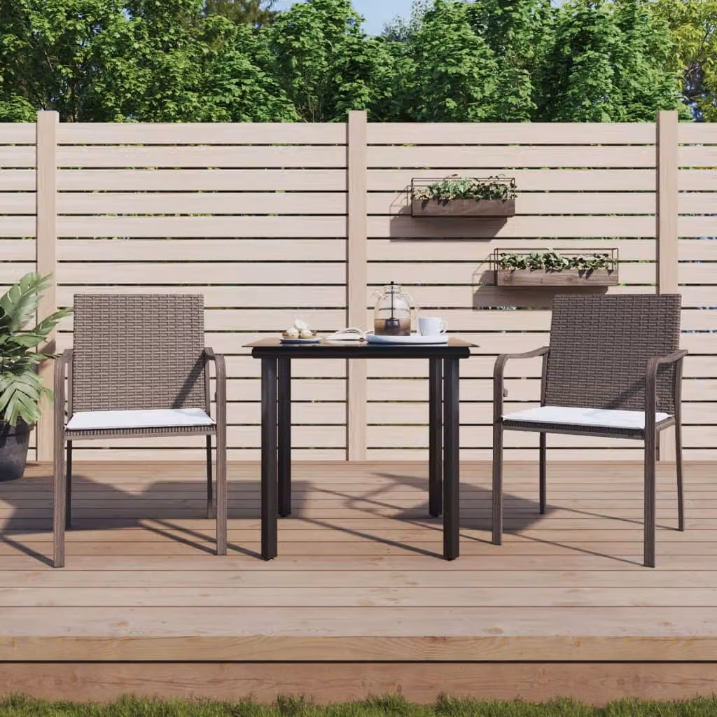 Set da pranzo da giardino vidaXL in polyrattan e acciaio con cuscini e tavolo in vetro, 3 pezzi