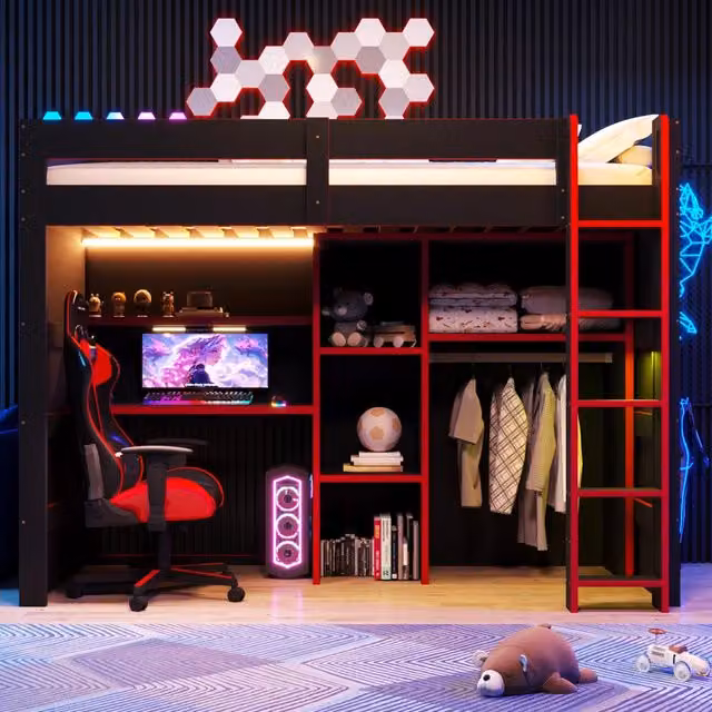 Letto a soppalco gaming 90x200 nero e rosso, letto con scrivania e armadio integrati, illuminazione LED e porta USB