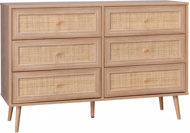 Cassettiera Sweeek in stile scandinavo con 6 cassetti in effetto legno e canna, marrone naturale, L: 120 cm, H: 79 cm, P: 39 cm