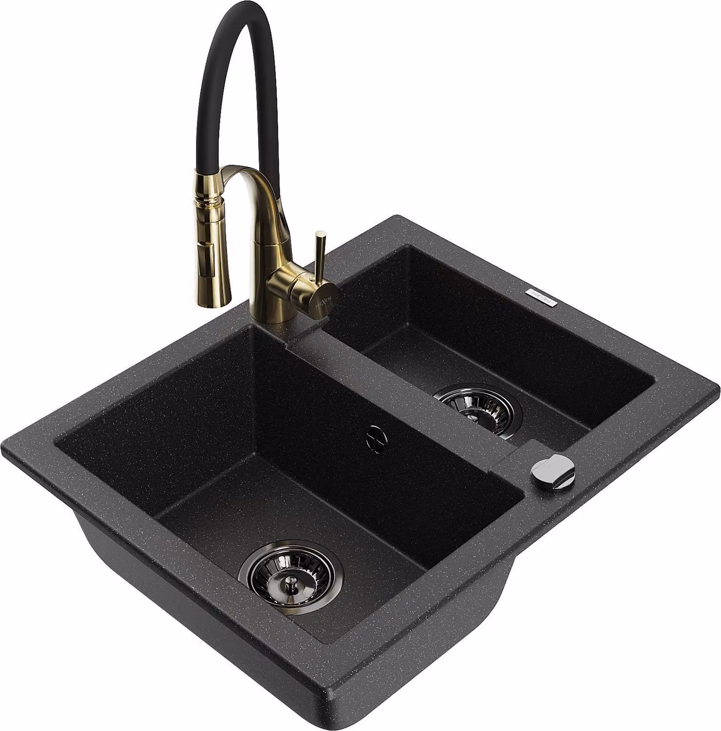 Mexen Carlos lavello in granito 1,5 vasche con rubinetto da cucina Aster, nero/argento metallizzato - 6518-73-73450-57-B