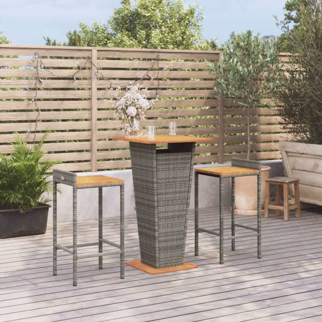 vidaXL Set Bar da Giardino 3 Pezzi Grigio in Polyrattan e Legno di Acacia
