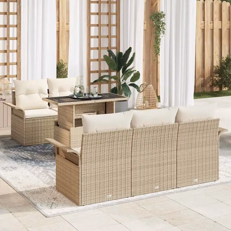 Set Divano da Giardino vidaXL 6 Pezzi a Forma di L in Polyrattan Beige con Cuscini e Tavolino