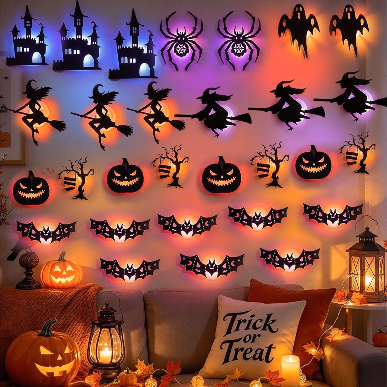 40 adesivi luminosi a LED a tema Halloween, con 8 diversi motivi decorativi