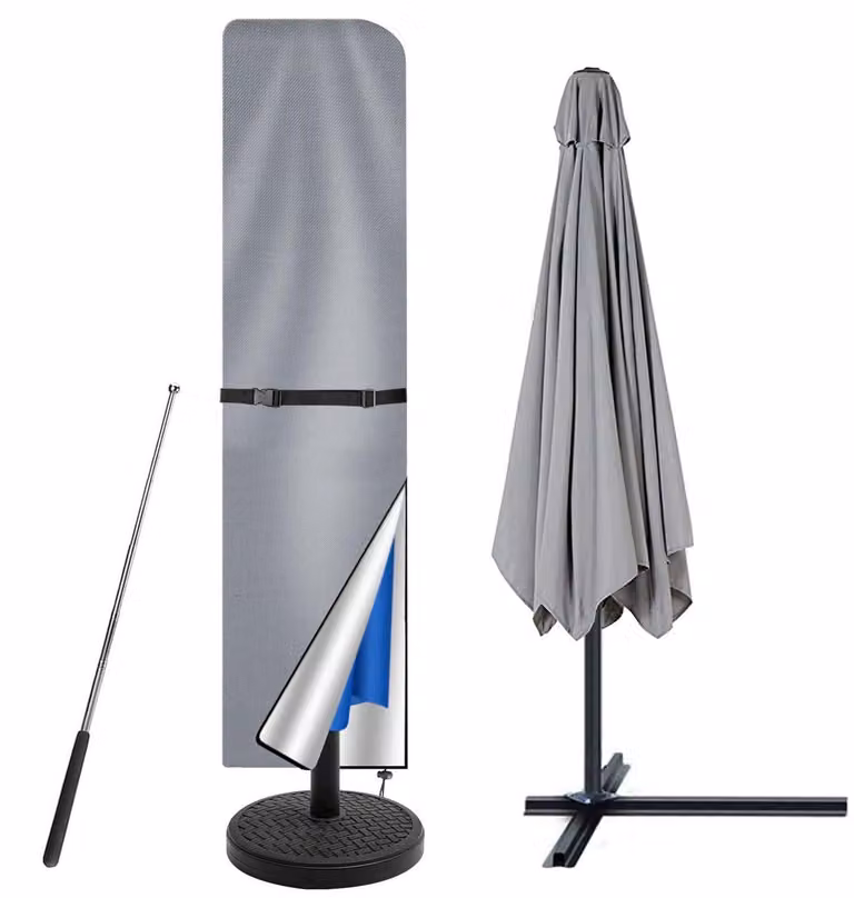 Copertura protettiva per ombrelloni da giardino, dimensioni 3-4 metri, colore grigio, realizzata in tessuto Oxford 210D, impermeabile, resistente ai raggi UV, con asta telescopica e resistente al vento