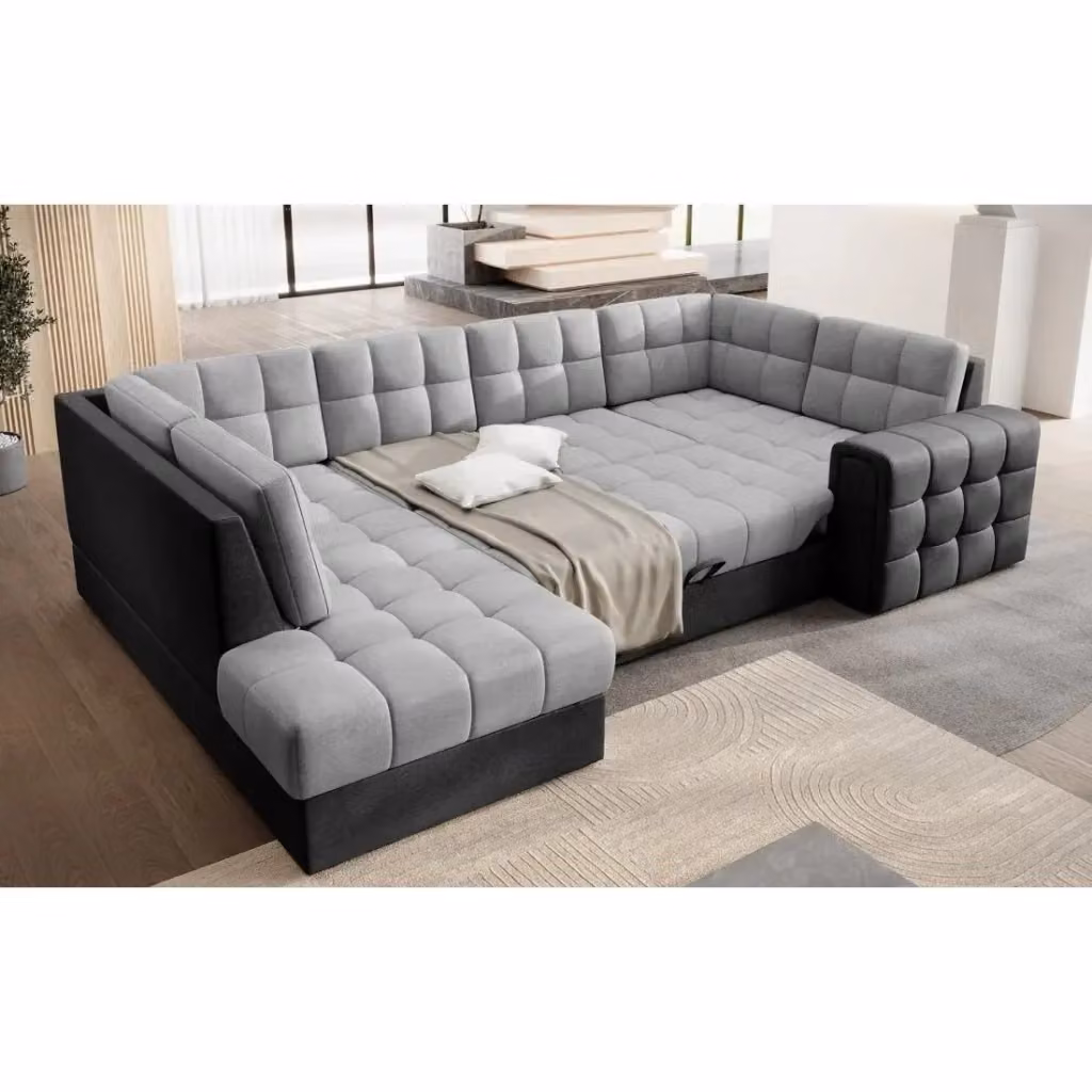 Divano angolare trasformabile MONTEZA MEUBLORAMA grigio e nero con contenitore e letto, configurazione sinistra, L: 299 cm – 2