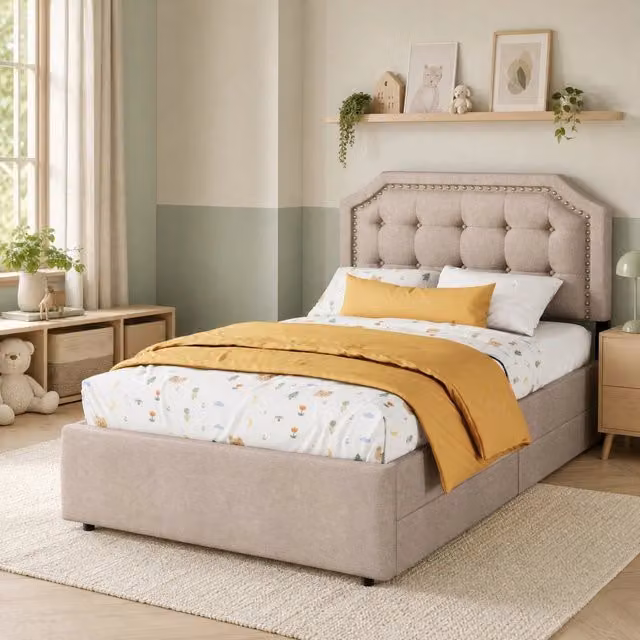 Letto imbottito 90 x 200 cm in lino e MDF con 2 cassetti; beige scuro