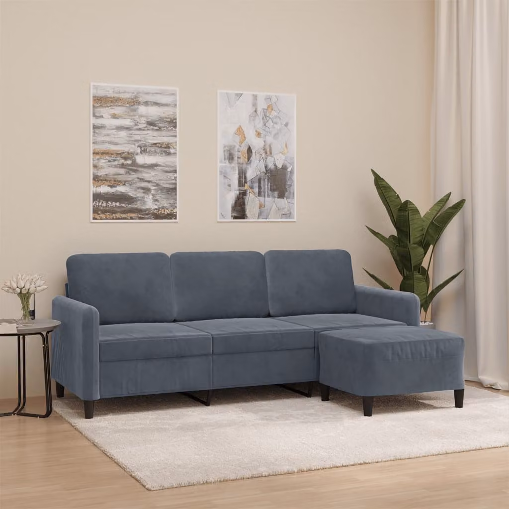 vidaXL Divano a 3 Posti con Poggiapiedi Grigio in Velluto Moderno L: 198 cm, P: 80 cm, H: 77 cm – 1
