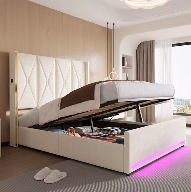 Letto imbottito 160x200 cm con contenitore; LED; USB e Type-C in velluto beige