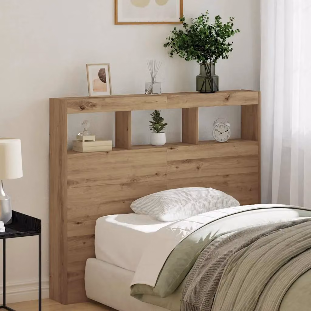 Testiera per letto moderna vidaXL in legno ingegnerizzato color rovere con illuminazione integrata, mensola e porta USB, L 120 cm