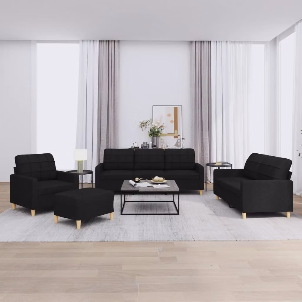 Set di divani moderno vidaXL in tessuto nero composto da 4 pezzi con cuscini e pouf per soggiorno – 1