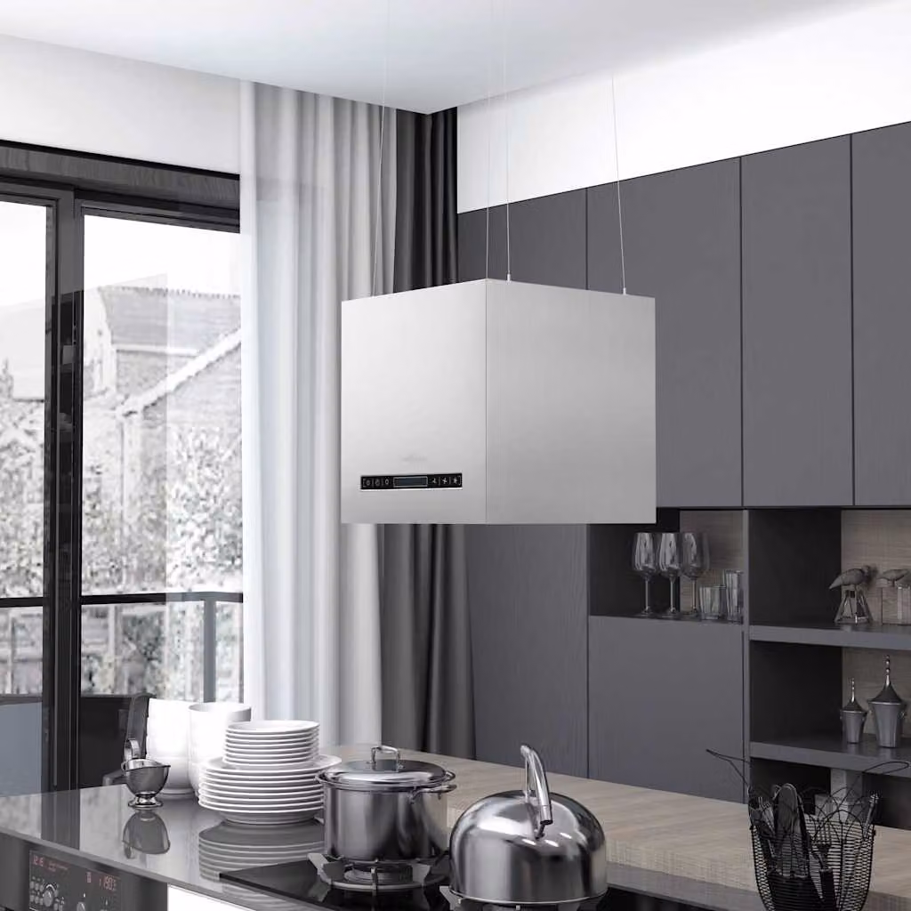 Cappa da cucina ad isola sospesa vidaXL in acciaio inossidabile argento con display LCD e sensore, sistema a ricircolo con carboni attivi e timer – 1
