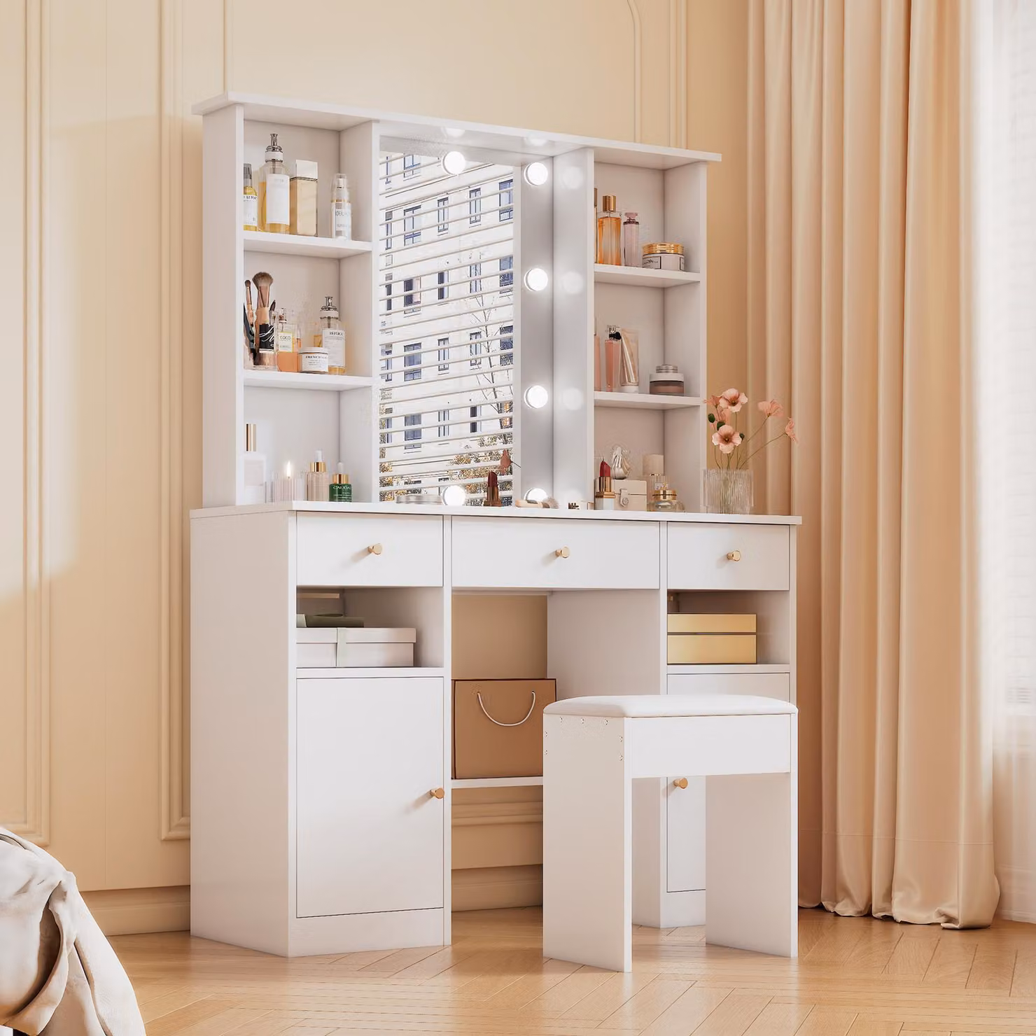 Tavolino da toilette Merax con sgabello, specchio LED, 12 lampadine, luminosità regolabile, tavolo cosmetico, 3 cassetti, 2 ante, 151×110×40 cm, bianco