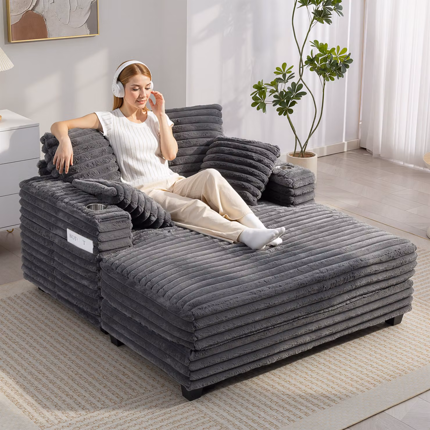 Chaise Longue HOMCOM a 2 Posti con Funzione Divano Letto e Portabicchieri, Grigio, L/P/H: 134 x 151 cm – 2