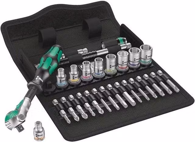 Set di chiavi a bussola con cricchetto Wera Zyklop Speed 1/4'' 28 pezzi con bussole pollici e inserti, Nero e Verde