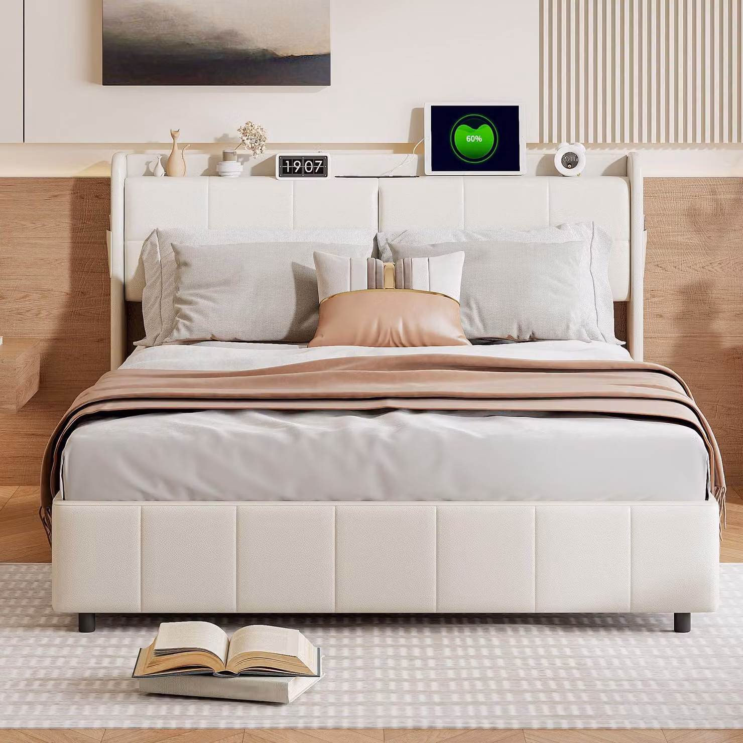 letto da 160 x 200 cm con vano contenitore, 4 cassetti, connessioni USB e tipo C, rete a doghe, rivestimento in PU
