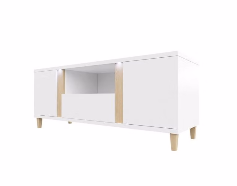 Tavolino per TV con illuminazione a LED BANTRY - bianco / bianco lucido / impiallacciatura naturale