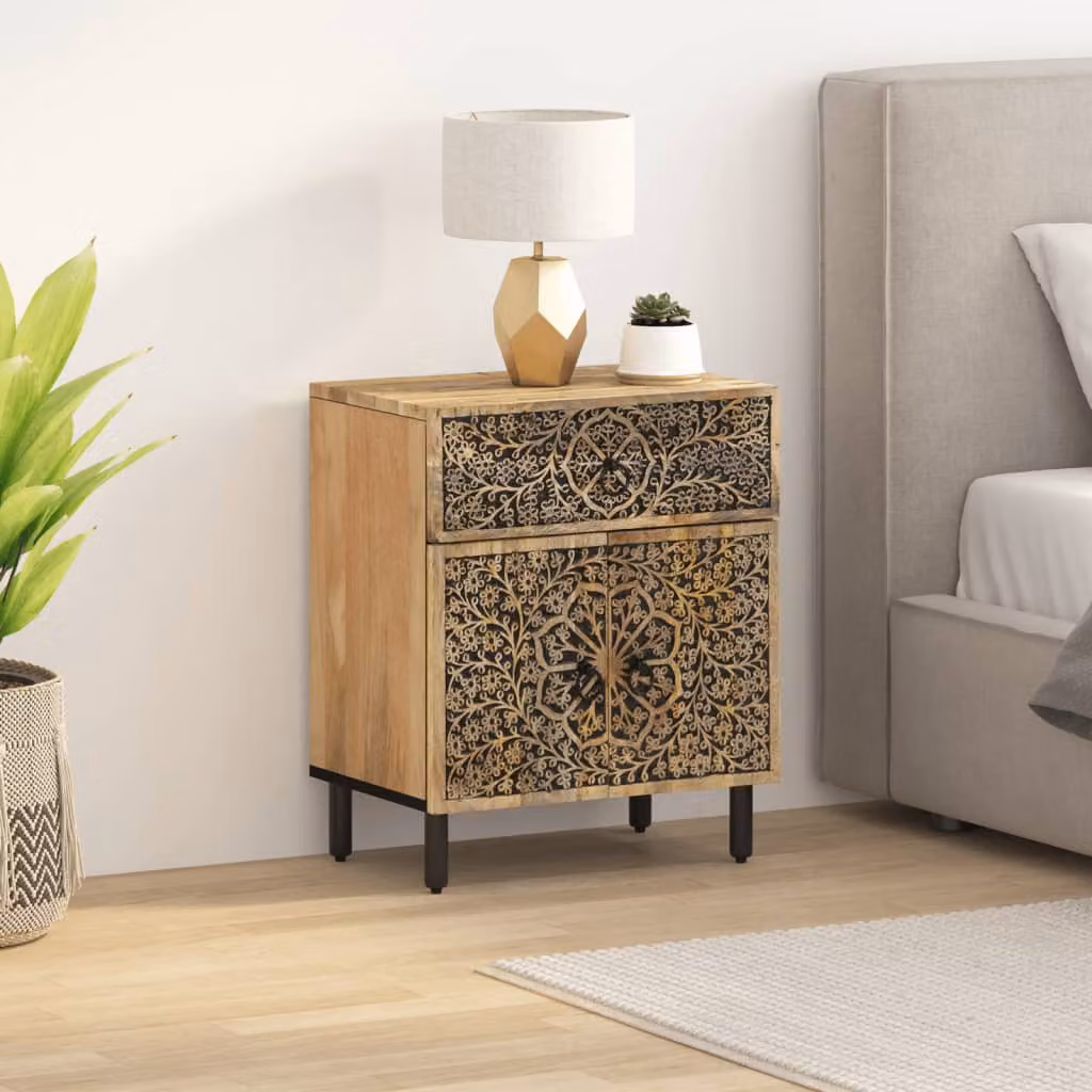 Comodino vidaXL in Legno di Mango e Metallo, Stile Retro, Marrone, L 50 cm x P 33 cm x H 60 cm