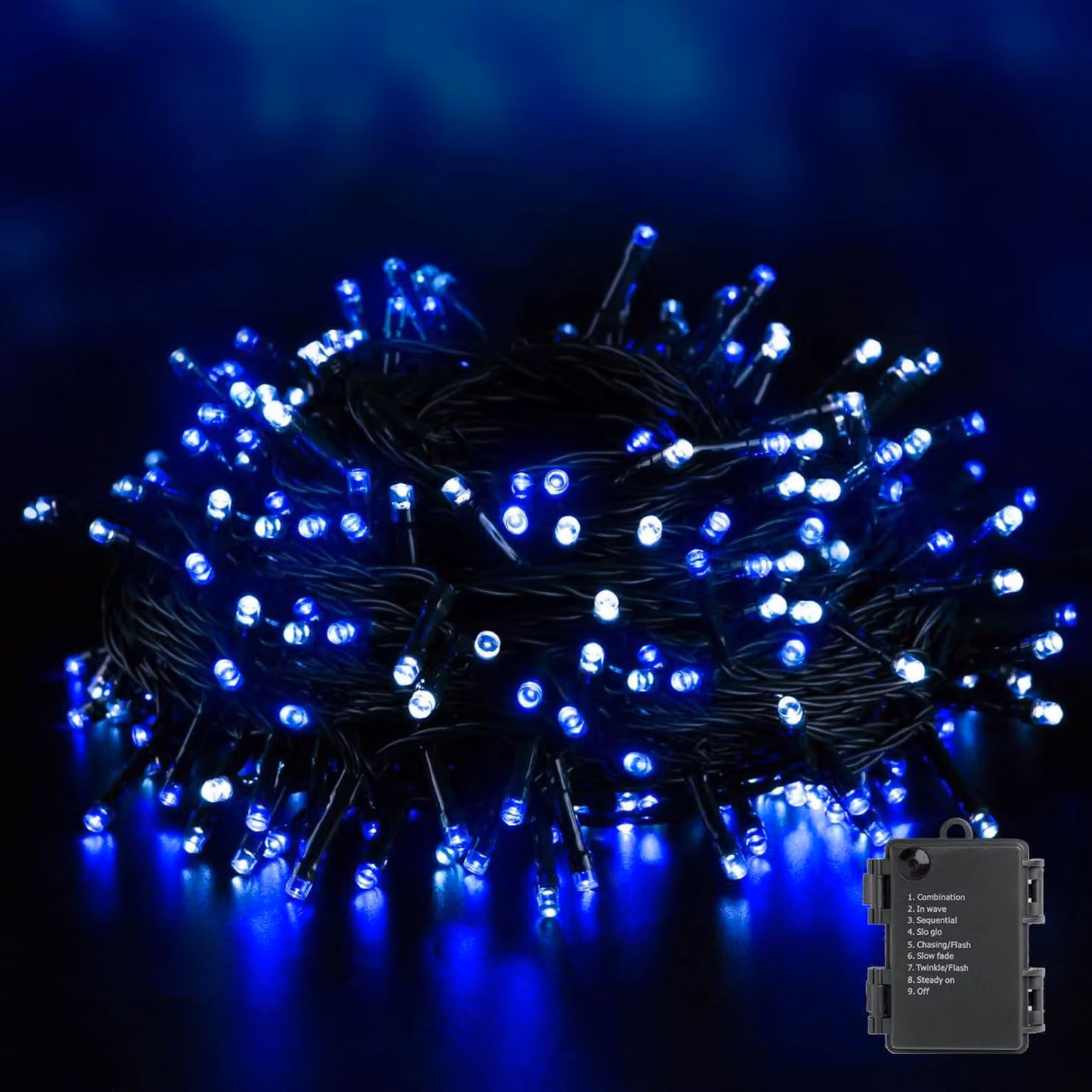 Catena luminosa a LED, 40 metri, 300 luci, blu e bianco, alimentazione a batteria, timer, 8 modalità