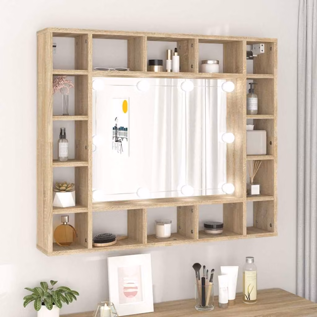 Armadietto da bagno con specchio e illuminazione LED vidaXL in Rovere Sonoma, L: 91 cm, P: 15 cm, H: 76,5 cm